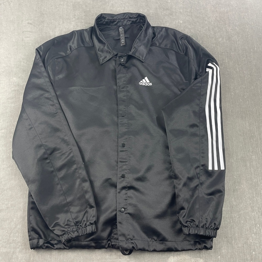 Adidas Mens Small Black Coaches Jacket 3-Stripe Snap Front Satin